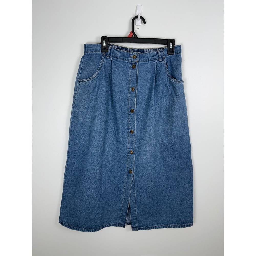 Classic Elements Womens Denim Midi Skirt Blue Button Front boho prairie Size 14